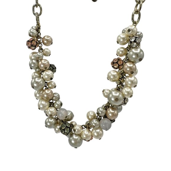 LOFT Gold Tone Imitation White Pearl Pink Crystals Cluster Beaded Bib Necklace - Picture 2 of 4
